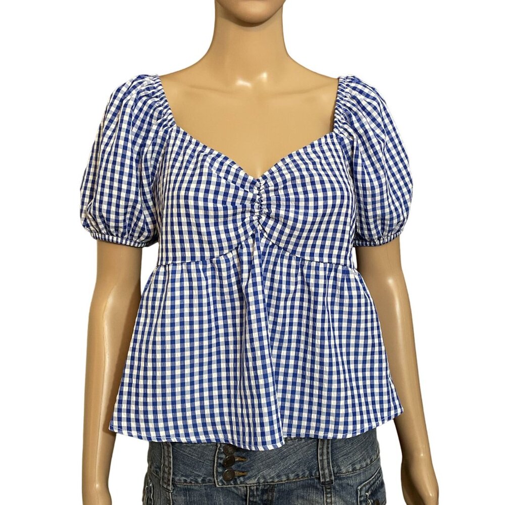 Active Usa Plaid Blue White Blouse Size Large